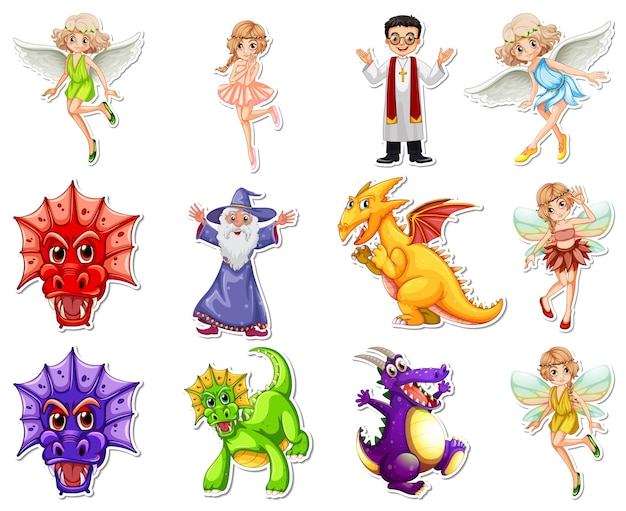 Free Vector sticker set with different fairytale cartoon characters