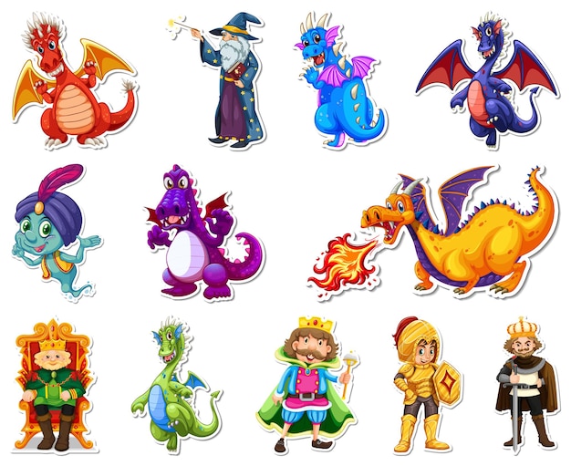 Free vector sticker set with different fairytale cartoon characters