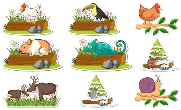 Free Vector sticker set with different wild animals and nature elements