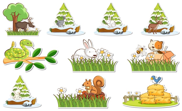 Sticker set with different wild animals and nature elements