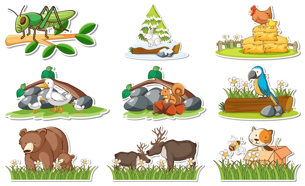 Free Vector sticker set with different wild animals and nature elements