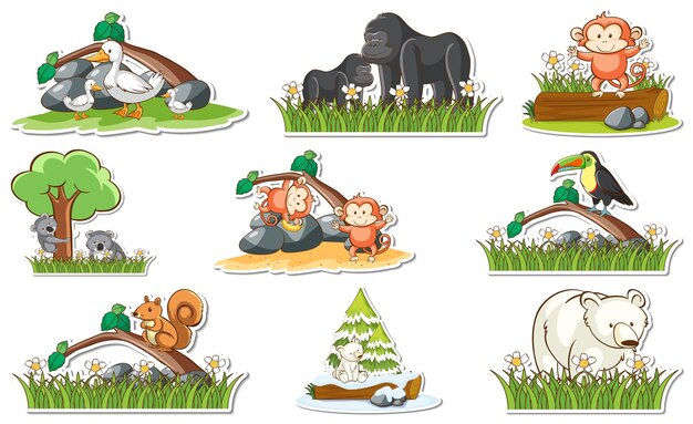 Sticker set with different wild animals and nature elements