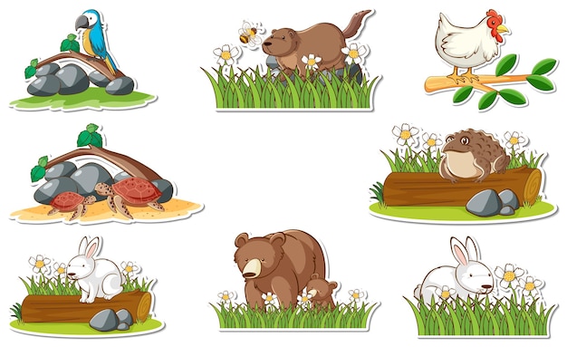 Free Vector sticker set with different wild animals and nature elements