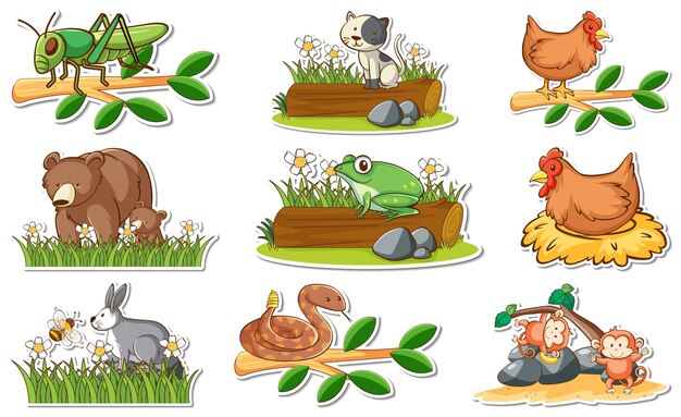 Sticker set with different wild animals and nature elements