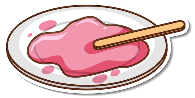 Sticker strawberry ice cream melted on plate