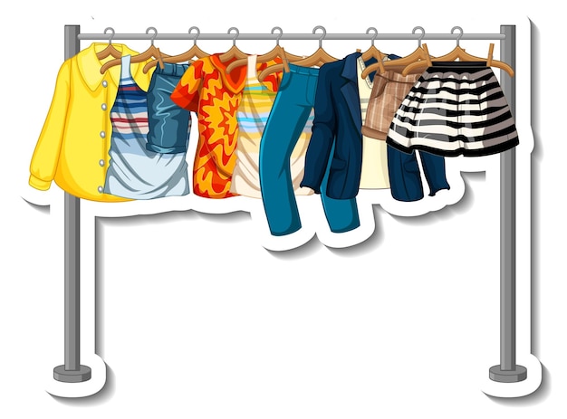 Free Vector a sticker template of clothes racks with many clothes on hangers on white background