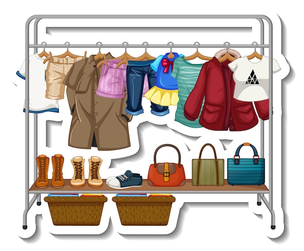 A sticker template of Clothes racks with many clothes on hangers on white background