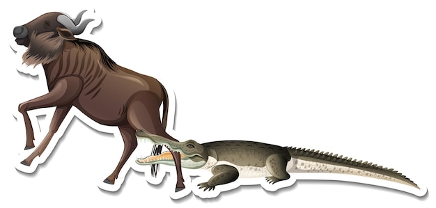 Free vector a sticker template of crocodile and wildebeest