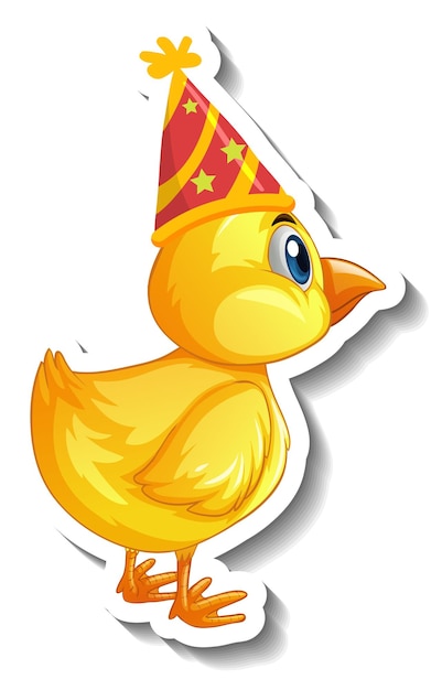 A sticker template with a baby chicken wearing party hat cartoon character