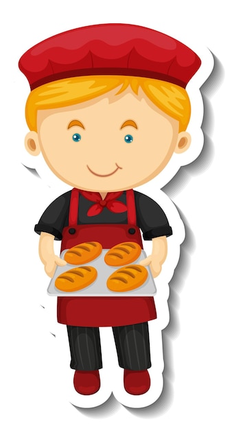 Free Vector sticker template with a baker boy holds baked tray isolated