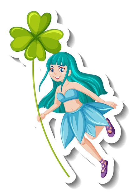 A sticker template with beautiful fairy holding clover leaf cartoon character