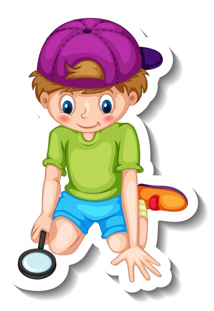 Sticker template with a boy cartoon character isolated