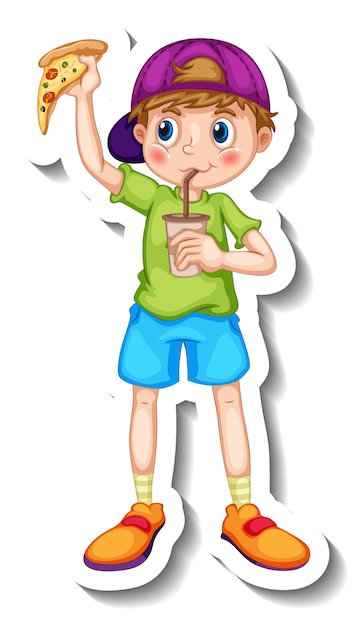 Free Vector sticker template with a boy eating junk food cartoon character isolated