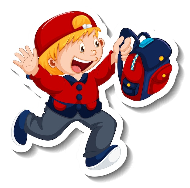 Free Vector sticker template with a boy holding backpack isolated