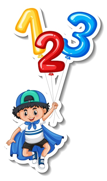 Free vector sticker template with a boy holding many balloons isolated