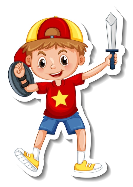 Sticker template with a boy holding sword toy isolated