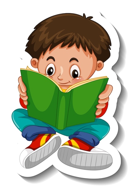 Sticker template with a boy reading a book cartoon character isolated