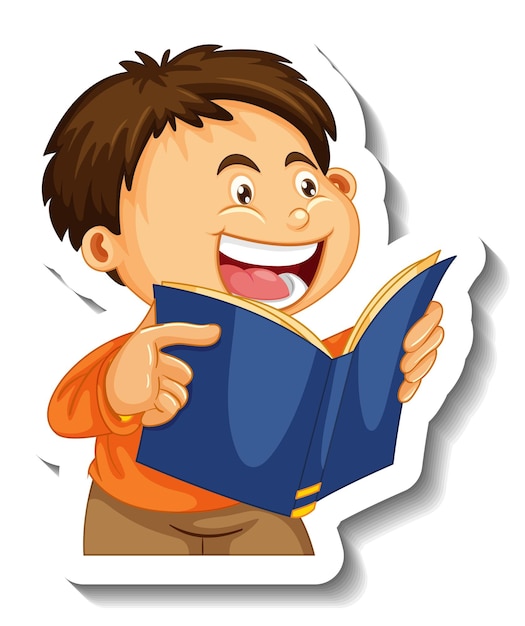 Sticker template with a boy reading a book cartoon character isolated