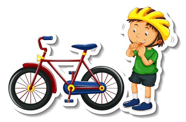 Free Vector sticker template with a boy wears helmet and bicycle isolated