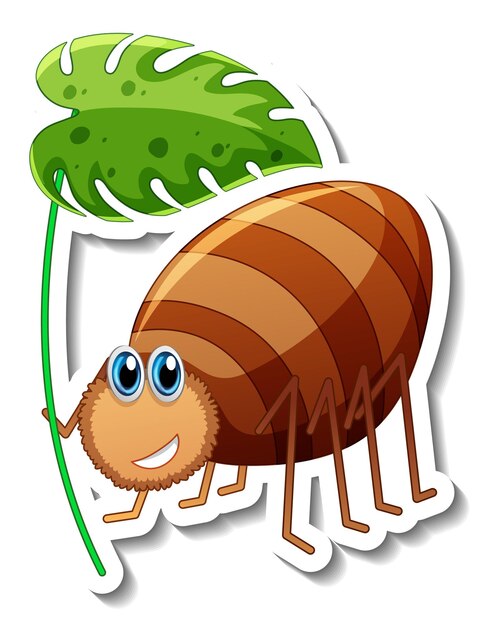 Sticker template with cartoon character of a beetle holding a leaf isolated