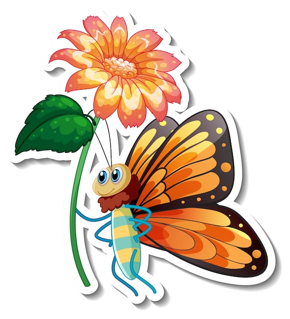 Sticker template with cartoon character of a butterfly holding a flower isolated