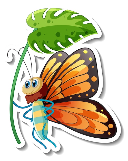 Sticker template with cartoon character of a butterfly holding a flower isolated