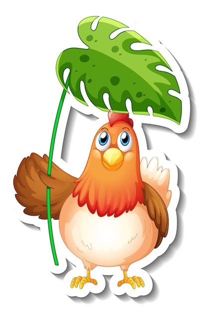 Sticker template with cartoon character of a chicken holding a leaf isolated