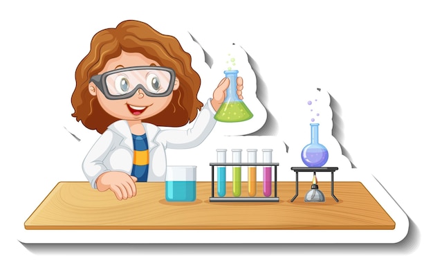 Free Vector sticker template with cartoon character of a student doing chemical experiment