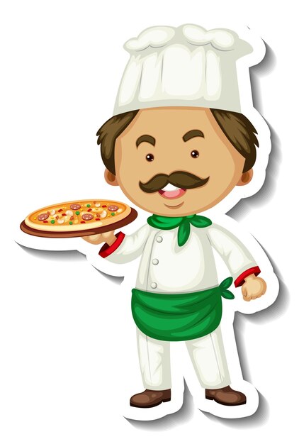 Sticker template with a chef man holds pizza tray isolated