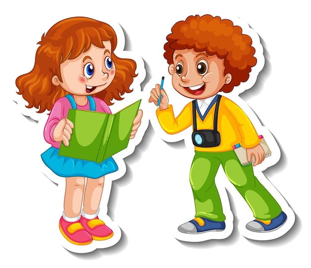 Free Vector sticker template with a couple kids cartoon character isolated