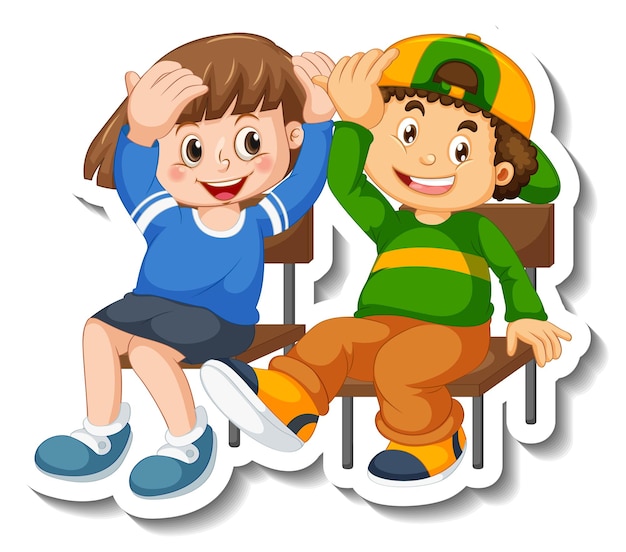 Sticker template with couple of kids students cartoon character isolated