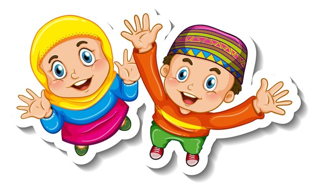 Sticker template with couple of muslim kids cartoon character isolated