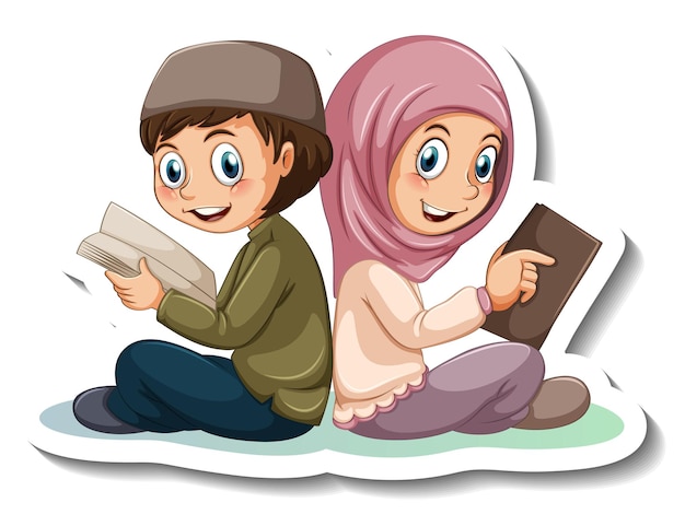 Free Vector sticker template with couple of muslim kids cartoon character isolated