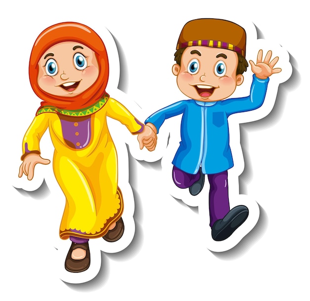 Free Vector sticker template with couple of muslim kids cartoon character isolated