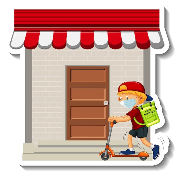 A sticker template with delivery boy riding scooter in front of the shop