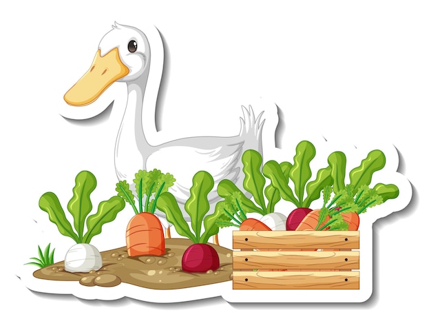 Sticker template with a duck and many vegetable isolated