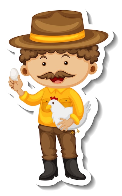 Free Vector sticker template with a farmer man holding a chicken isolated