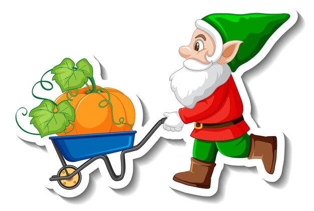 A sticker template with garden gnome and pumpkin in wheelbarrow