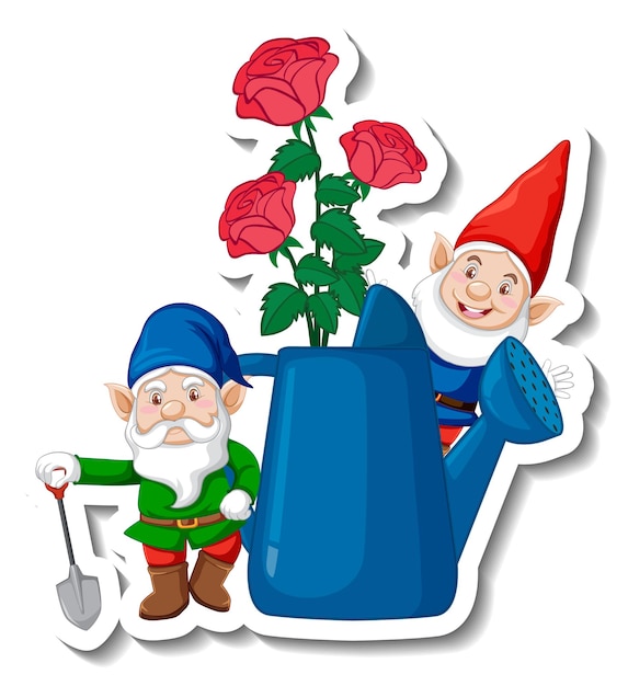 A sticker template with garden gnome and roses in watering can