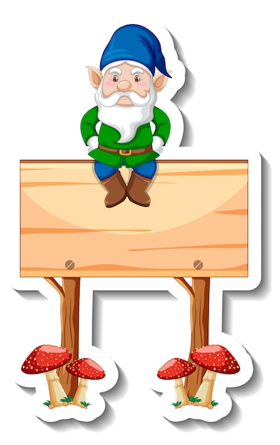 Free Vector a sticker template with garden gnome sitting on blank wooden banner