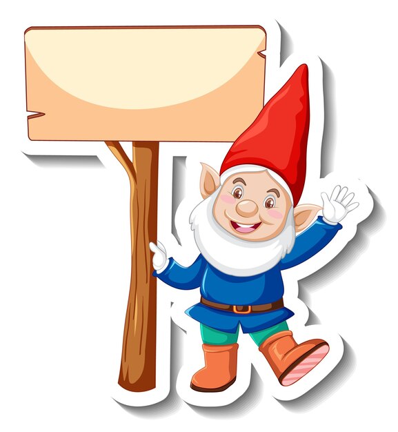 A sticker template with garden gnome standing beside blank wooden banner