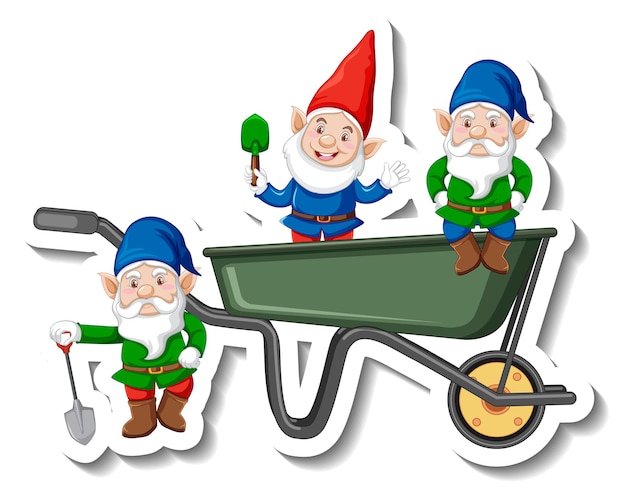 A sticker template with garden gnomes or dwarfs in wheelbarrow