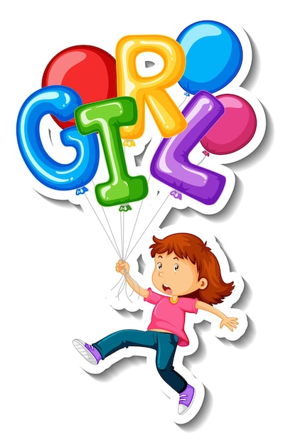 Sticker template with a girl flying with many balloons isolated