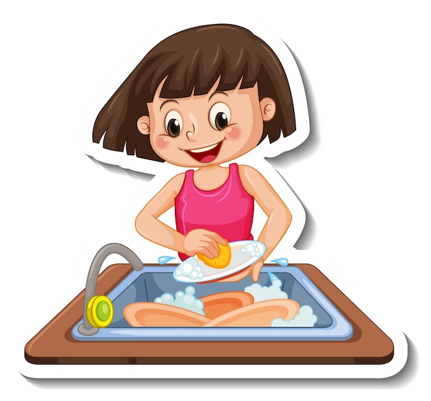 Sticker template with a girl washing dishes isolated