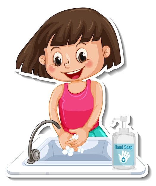 Free vector a sticker template with a girl washing hands with soap