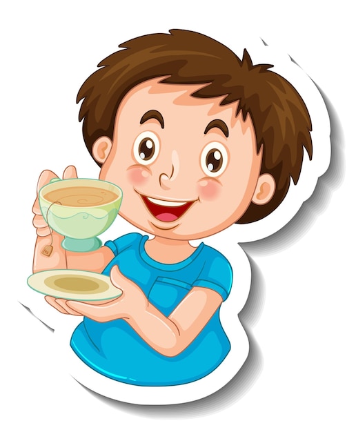 Free Vector sticker template with a happy boy holding a cup of tea isolated