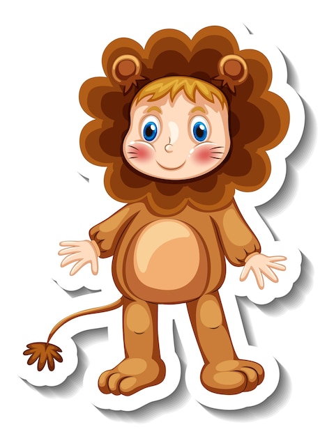 Sticker template with a kid wearing lion mascot costume isolated