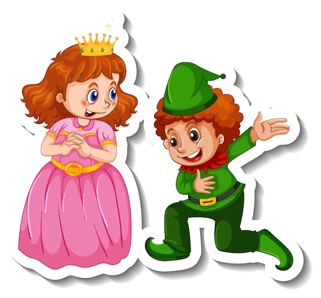 Sticker template with little princess and a boy cartoon character isolated