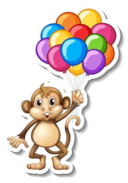 Sticker template with a monkey holding many balloons