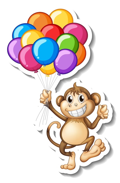 Sticker template with a monkey holding many balloons